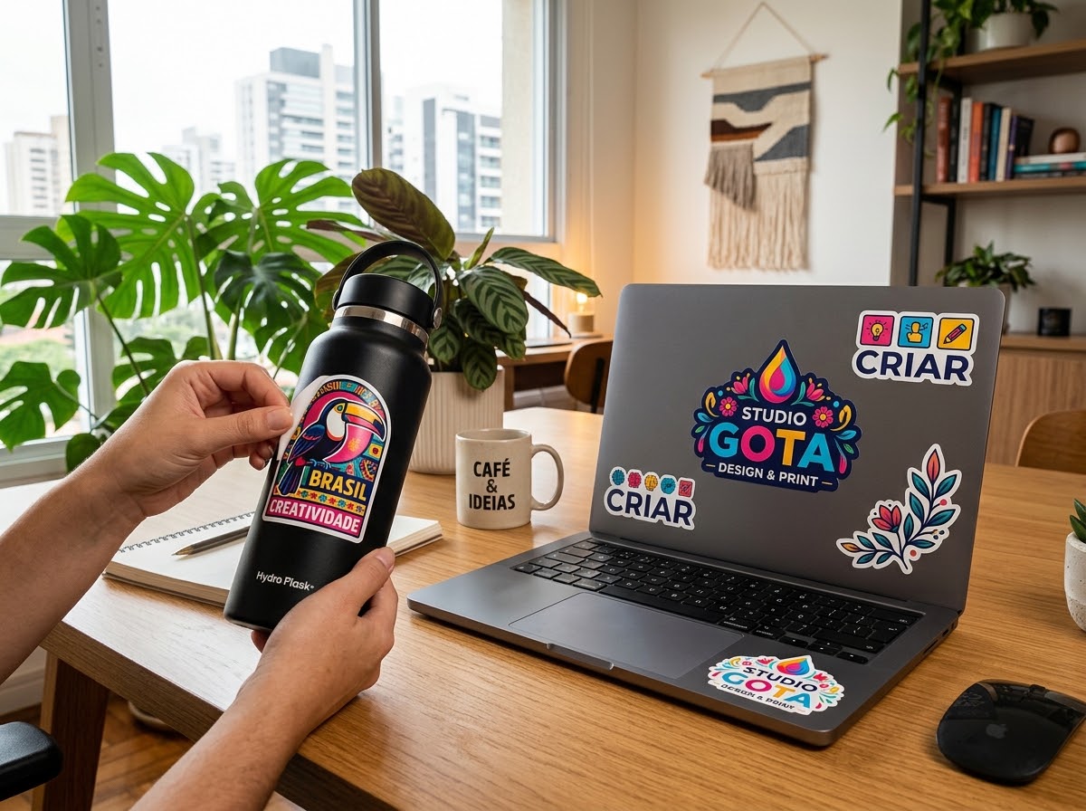 Adesivos personalizados recortados em garrafa e notebook