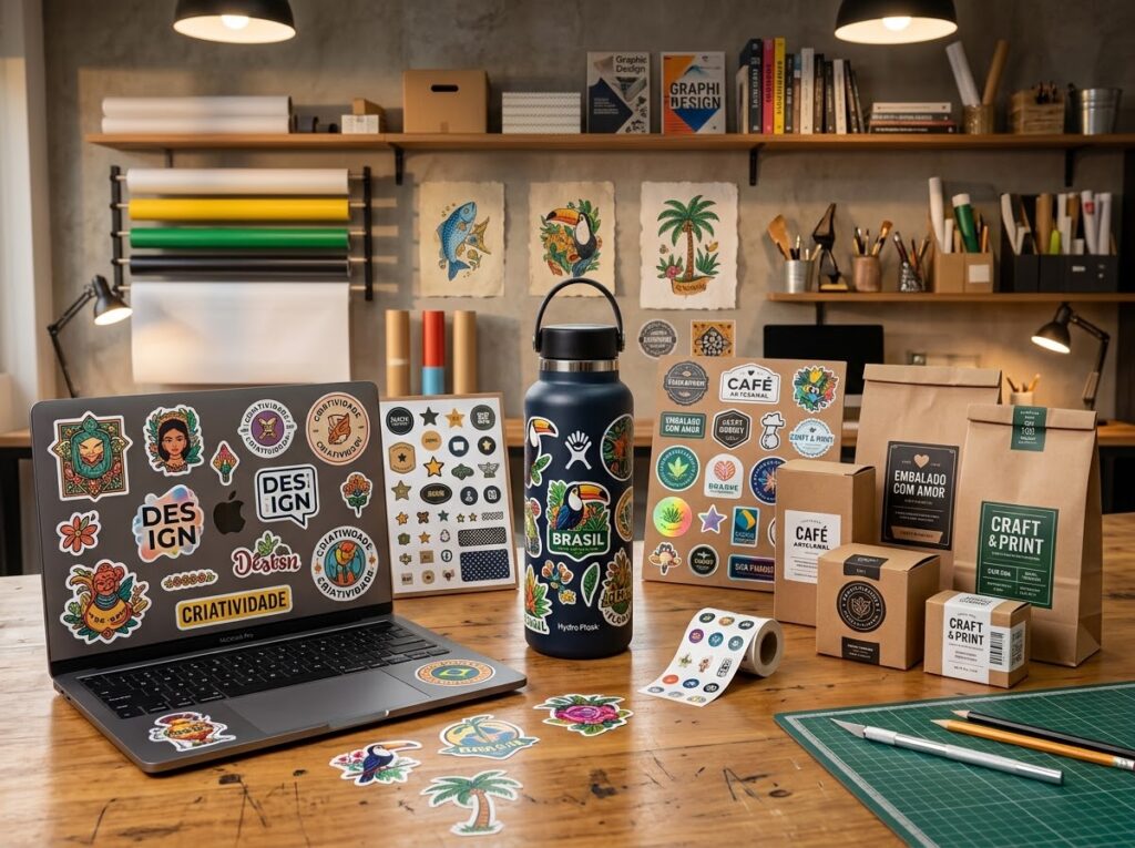 Adesivos e rótulos personalizados em embalagens, garrafa e notebook