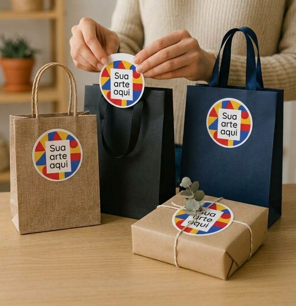 Adesivos redondos personalizados colados em sacolas e numa caixa de presente