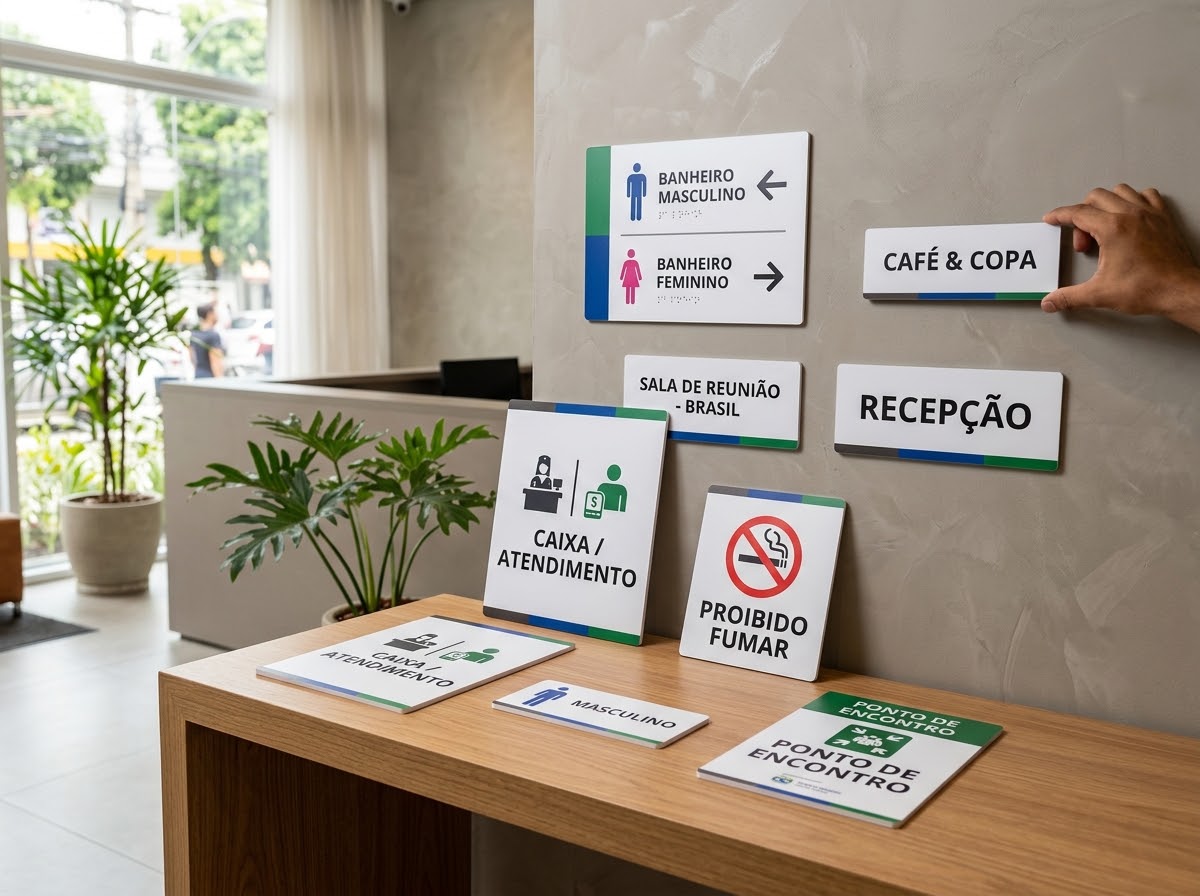 Placas de sinalização em PS: banheiro, recepção, proibido fumar