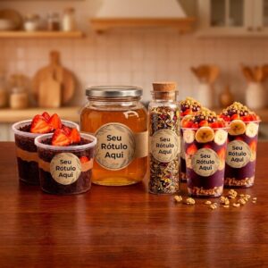 Rótulos personalizados em potes de doce, mel, chá e açaí