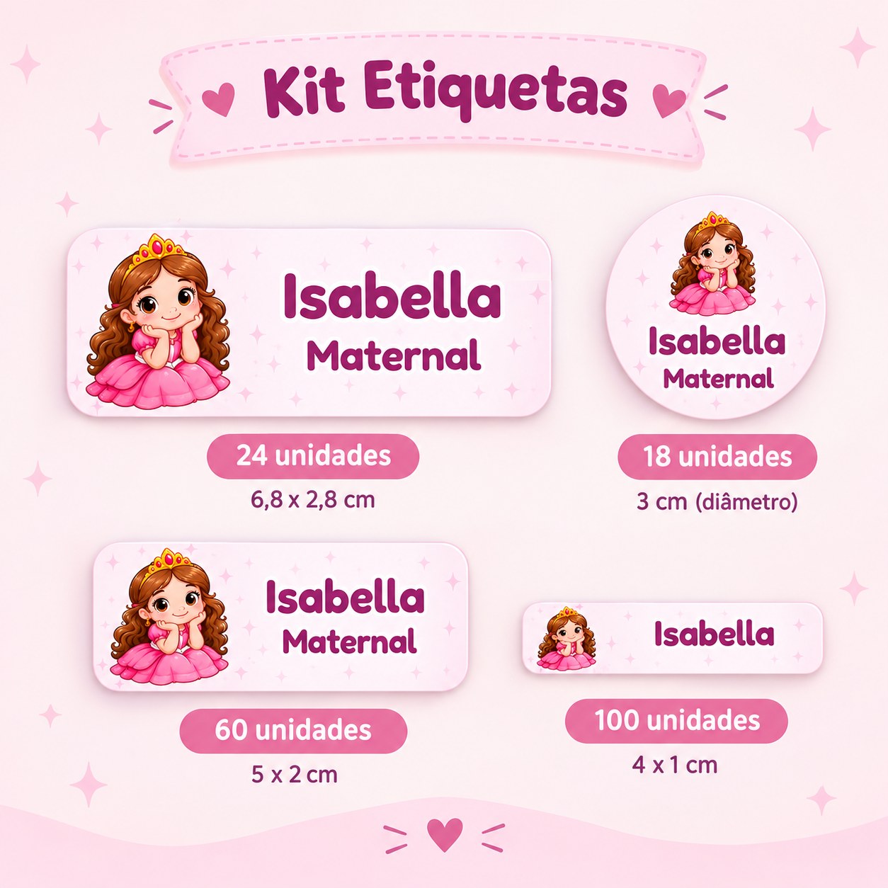 Kit Turminha: 24 etiquetas grandes 6,8 x 2,8 cm, 60 médias 5 x 2 cm, 18 redondas de 3 cm e 100 pequenas 4 x 1 cm