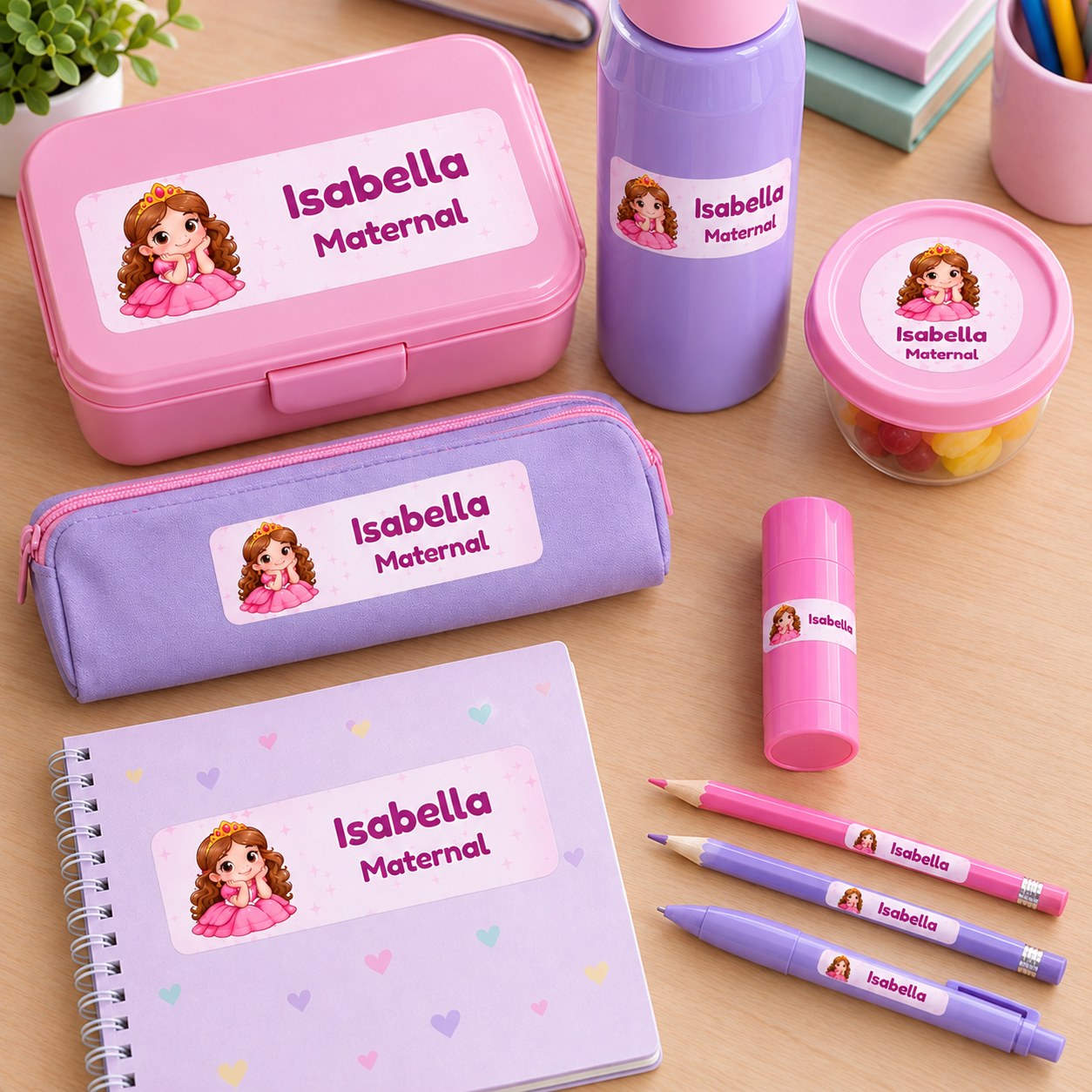 Etiquetas escolares personalizadas coladas em lancheira, garrafinha, estojo, caderno, pote, cola, lápis e caneta