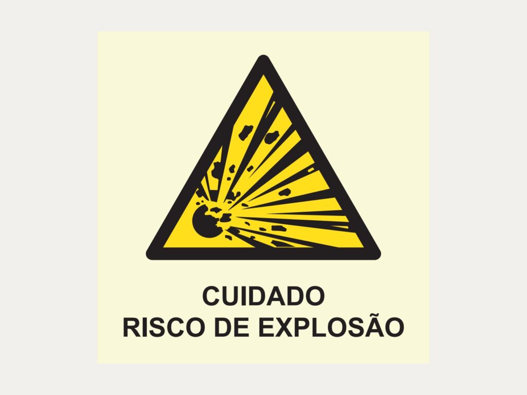 Placa A3 – Cuidado, risco de explosão, 20 x 20 cm