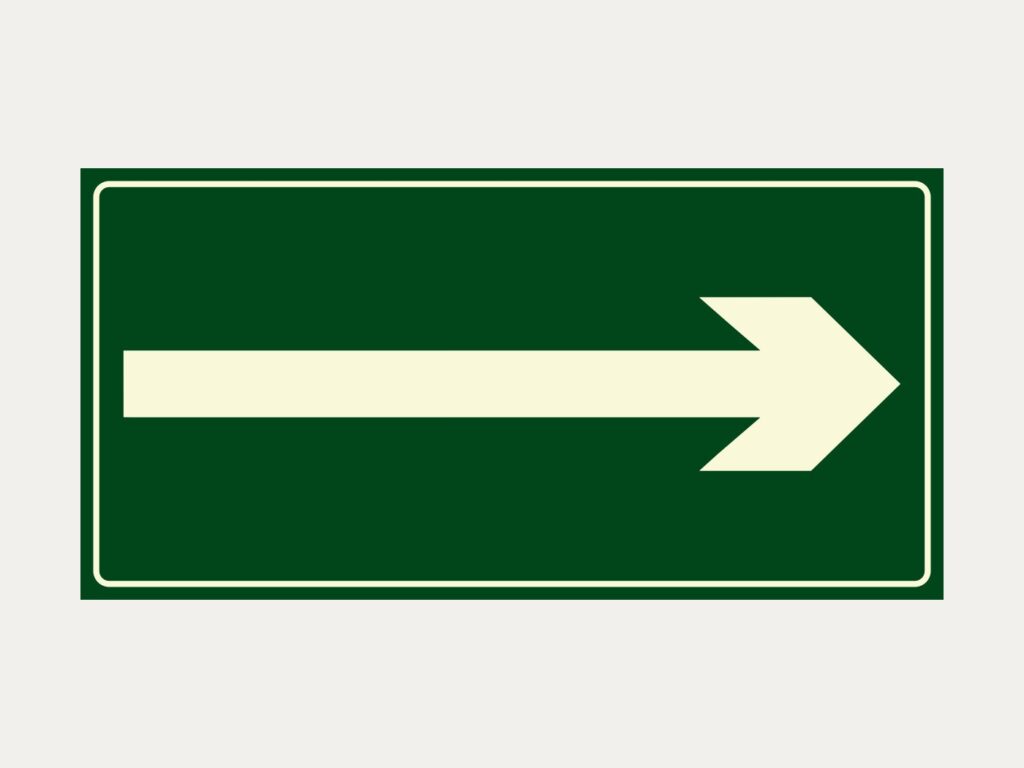 Placa fotoluminescente C1 – Seta de rota de saída, 10 x 20 cm